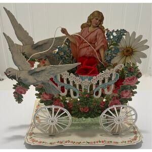STUNNING VTG Dimensional Valentine Carriage w/ Doves, German Die Cut, 4 Tiers